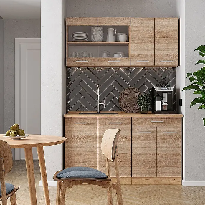 Vicco Singleküche R-Line Sonoma/Goldkraft Eiche ohne Arbeitsplatte - Sonoma, Ohne AP - Küchenzeile in heller Holzoptik mit Ober- und Unterschränken, Arbeitsplatte und Spüle in moderner Küche.