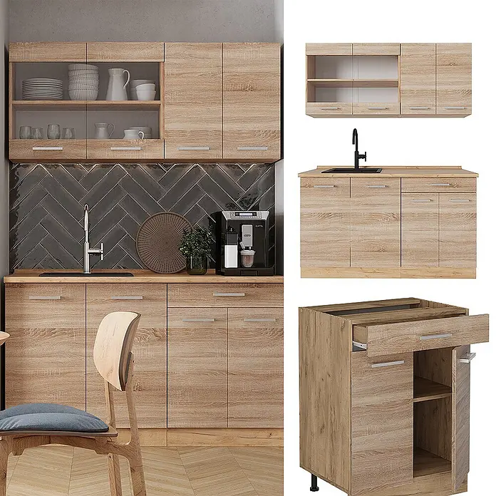 Vicco Singleküche R-Line Sonoma/Goldkraft Eiche ohne Arbeitsplatte - Sonoma, Ohne AP - Modulare Küchenschrank-Garnitur in heller Holzoptik, mit Ober- und Unterschränken, Spüle und Kaffeemaschinenbereich.