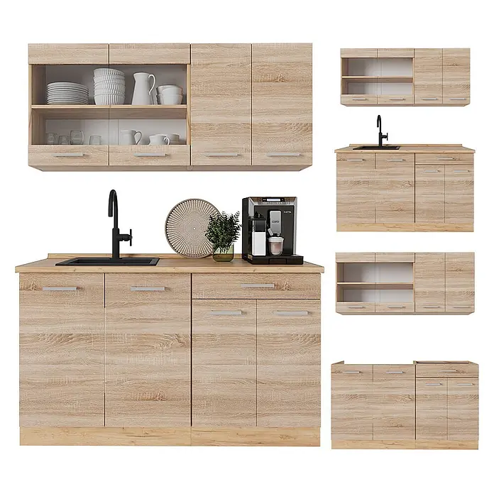 Vicco Singleküche R-Line Sonoma/Goldkraft Eiche ohne Arbeitsplatte - Sonoma, Ohne AP - Modulares Küchenschrank-Set aus hellem Holz mit Ober- und Unterschränken, integrierter Spüle und Kaffeemaschinenbereich.