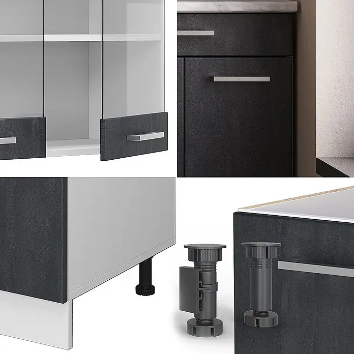 Vicco Singleküche R-Line Schwarz Beton/Weiß ohne Arbeitsplatte - Breite: 140 cm, Schwarz Beton, Ohne AP - Dunkelgraue, texturierte Küchenschränke mit silbernen Griffen, Glastüren und verstellbaren Füßen.