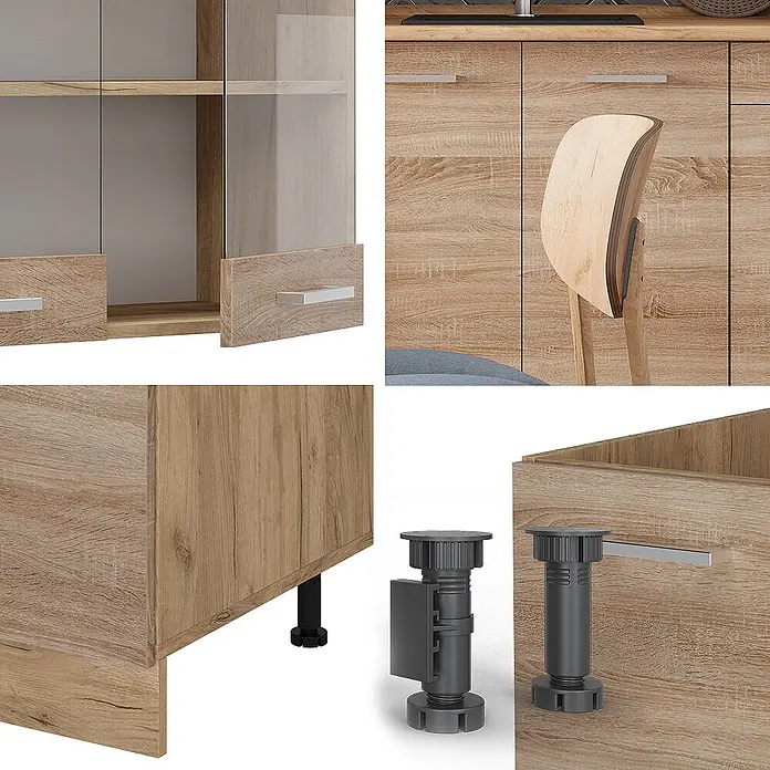Vicco Singleküche R-Line Sonoma/Goldkraft Eiche ohne Arbeitsplatte - Sonoma, Ohne AP - Helle Holzoptik-Schränke mit Metallgriffen und verstellbaren Füßen für anpassbaren Stauraum.