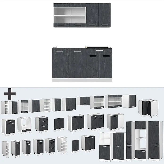 Vicco Singleküche R-Line Schwarz Beton/Weiß ohne Arbeitsplatte - Breite: 140 cm, Schwarz Beton, Ohne AP - Modulares Küchenschranksystem in Dunkelgrau Betonoptik und Weiß, mit verschiedenen Wand- und Unterschränken.