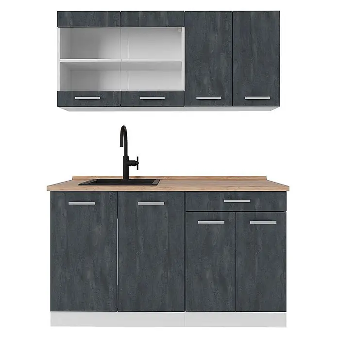 Vicco Küchenzeile R-Line, Schwarz Beton, 140 cm -  - Dunkelgraue, texturierte Küchenzeile mit heller Holz-Arbeitsplatte, schwarzer Spüle, Armatur und weißen offenen Regalen.