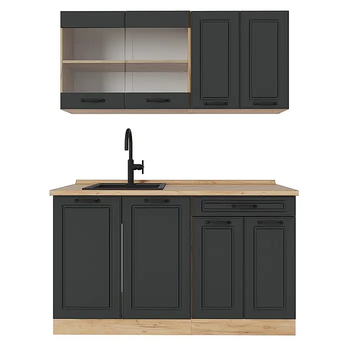 Vicco Singleküche R-Line Anthrazit Landhaus/Goldkraft Eiche ohne Arbeitsplatte - Anthrazit Landhaus, Ohne AP - Dunkelgraue Küchenschrankgarnitur mit hellen Holz-Arbeitsplatten und Regalen, inklusive schwarzer Spüle und Wasserhahn.