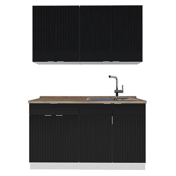 Vicco Singleküche Fame-Line Schwarz gestreift/Weiß, AP Eiche - Breite: 140 cm, Schwarz gestreift, Mit AP Eiche - Schwarze Küchenschränke mit gerippten und glatten Fronten, heller Holz-Arbeitsplatte, Spüle und Wasserhahn.