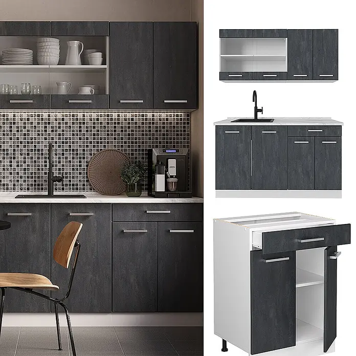 Vicco Singleküche R-Line Schwarz Beton/Weiß ohne Arbeitsplatte - Breite: 140 cm, Schwarz Beton, Ohne AP - Dunkelgraue Küchenschrank-Garnitur mit strukturierten Türen, silbernen Griffen, offenen Regalen und Spülbeckenunterschrank.
