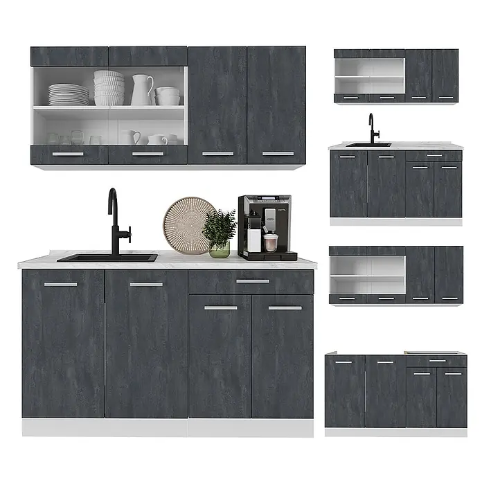 Vicco Singleküche R-Line Schwarz Beton/Weiß ohne Arbeitsplatte - Breite: 140 cm, Schwarz Beton, Ohne AP - Modulares Küchenschrank-Set in Dunkelgrau mit Textur, weißen Arbeitsplatten, Spüle und offenen Regalen.