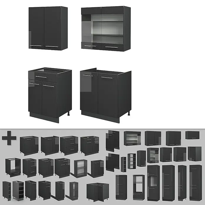 Vicco Singleküche Fame-Line Anthrazit Hochglanz, AP Marmor - Breite: 140 cm, Anthrazit Hochglanz, Mit AP Marmor - Dunkelgraues modulares Küchenschrank-Set: Ober-, Unter- und Hochschränke, teils mit Glastüren, für moderne Küchen.