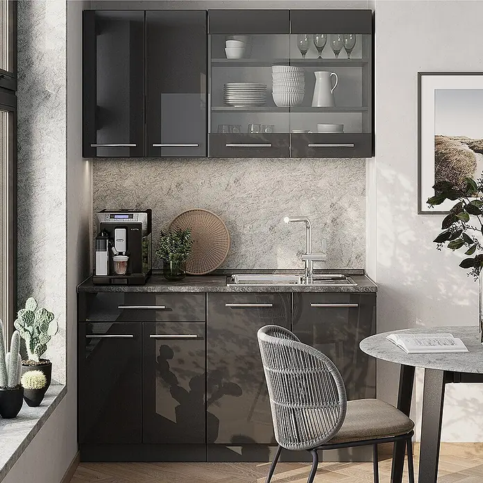 Vicco Singleküche Fame-Line Anthrazit Hochglanz, AP Marmor - Breite: 140 cm, Anthrazit Hochglanz, Mit AP Marmor - Kompaktes schwarzes Hochglanz-Küchenschrankset mit Spüle, Kaffeemaschine und Stauraum.