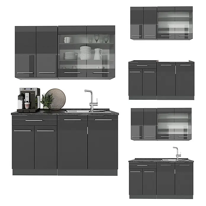 Vicco Singleküche Fame-Line Anthrazit Hochglanz, AP Marmor - Breite: 140 cm, Anthrazit Hochglanz, Mit AP Marmor - Dunkelgraue Hochglanz-Küchenschränke mit Glaselementen, inklusive Spül- und Armaturenmodulen.
