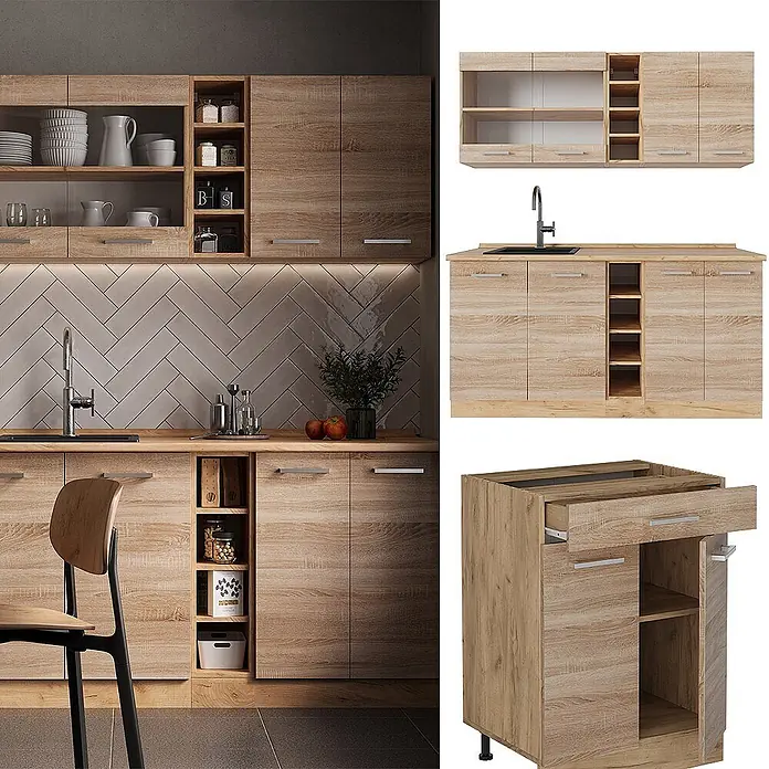 Vicco Singleküche R-Line Sonoma/Goldkraft Eiche, AP Eiche - Breite: 160 cm, Sonoma, Mit AP Eiche - Küchenzeile in heller Eichenoptik mit Ober- und Unterschränken, offenen Regalen und Spülbereich.