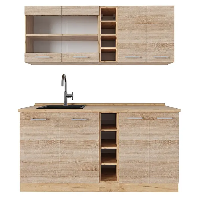 Vicco Singleküche R-Line Sonoma/Goldkraft Eiche ohne Arbeitsplatte - Sonoma, Ohne AP - Küchenschrank-Set in heller Holzoptik mit Ober- und Unterschränken, integrierter Spüle und offenen Regalen.