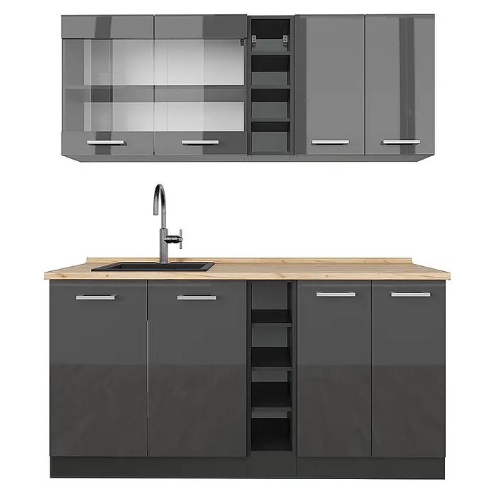 Vicco Singleküche R-Line Anthrazit Hochglanz/Anthrazit ohne Arbeitsplatte - Anthrazit Hochglanz, Ohne AP - Glänzende graue Küchenzeile mit heller Holzplatte, Spüle, offenen Regalen und Wandschränken mit Glastüren.