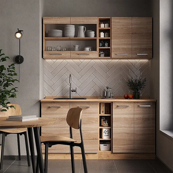 Vicco Singleküche R-Line Sonoma/Goldkraft Eiche, AP Eiche - Breite: 160 cm, Sonoma, Mit AP Eiche - Moderne Küche mit hellen Holzschränken, Spüle und Fischgrätmuster-Rückwand, inklusive Essbereich.
