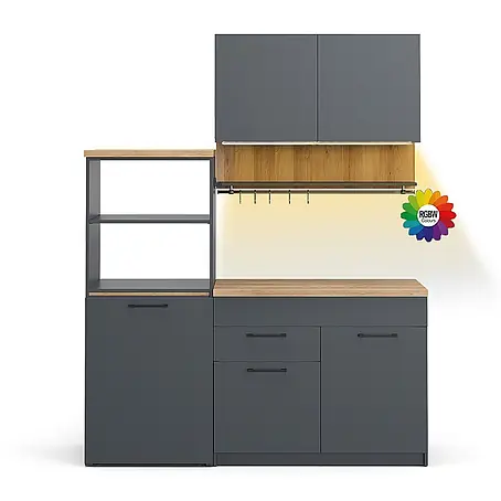 Vicco  Singleküche Egbert Anthrazit mit ausziehbarem Tisch mit LED-Leisten