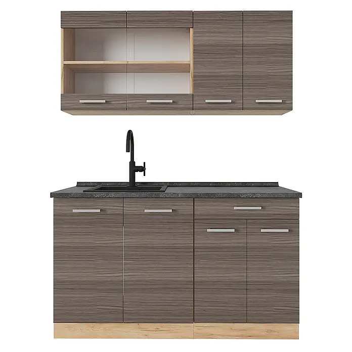Vicco Singleküche R-Line Edelgrau/Goldkraft Eiche, AP Anthrazit - Breite: 140 cm, Edelgrau, Mit AP Anthrazit - Küchenschränke in dunkler Holzoptik, Oberschränke mit offenen Regalen, Unterschränke mit dunkler Arbeitsplatte, schwarzem Spülbecken, Wasserhahn, hellem Sockel.