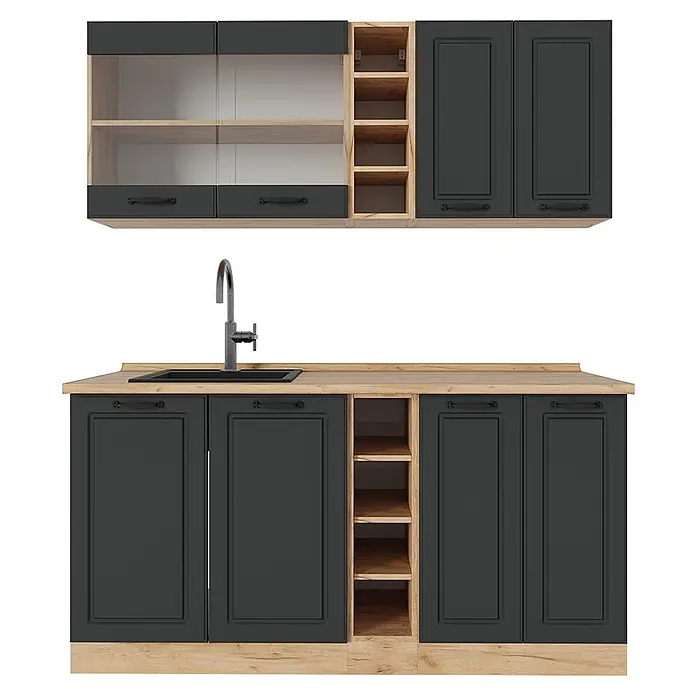 Vicco Singleküche R-Line Anthrazit Landhaus/Goldkraft Eiche ohne Arbeitsplatte - Anthrazit Landhaus, Ohne AP - Dunkelgraue Küchenschrank-Garnitur mit heller Holz-Arbeitsplatte, Regalen und Sockelleiste, inklusive Spüle und Armatur.