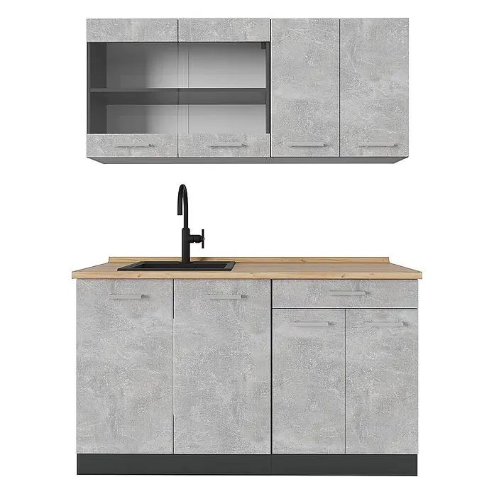 Vicco Küchenzeile R-Line, Beton, 140 cm -  - Moderne hellgraue Küchenzeile mit Holzoptik-Arbeitsplatte, schwarzer Spüle und Armatur. Oberschränke, teils mit Glas, und Unterschränke.