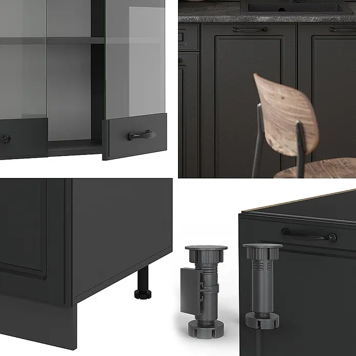 Vicco Singleküche R-Line Anthrazit Landhaus/Anthrazit ohne Arbeitsplatte - Breite: 140 cm, Anthrazit Landhaus, Ohne AP - Dunkelgraue Küchenschränke mit klassischer Kassettierung, schwarzen Griffen und verstellbaren Sockelfüßen.