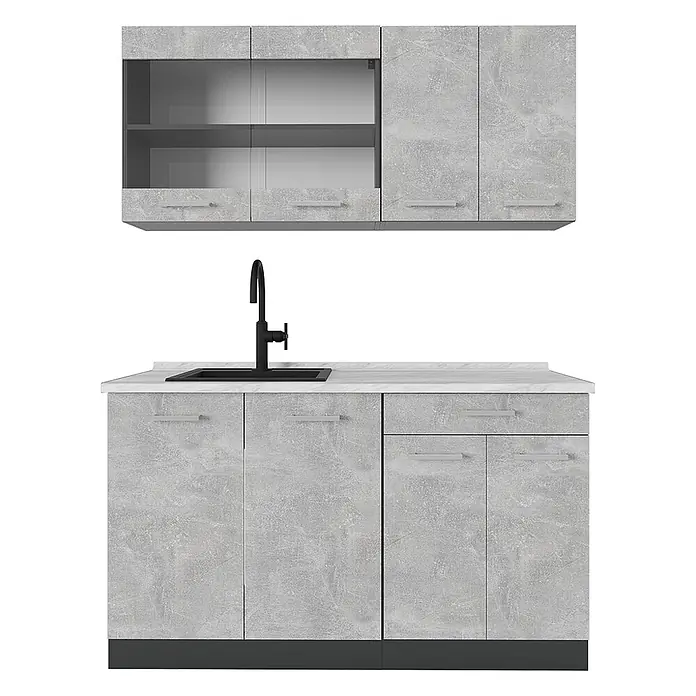 Vicco Singleküche R-Line Beton/Anthrazit, AP Marmor - Breite: 140 cm, Beton, Mit AP Marmor - Moderne Küchenzeile mit hellgrauen Betonoptik-Schränken, weißer Marmoroptik-Arbeitsplatte und schwarzer Spüle mit Wasserhahn.