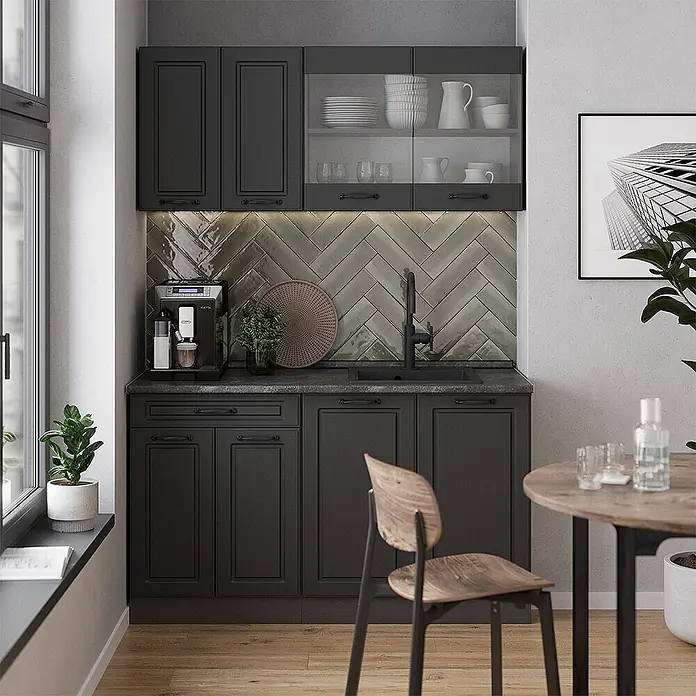 Vicco Singleküche R-Line Anthrazit Landhaus/Anthrazit, AP Eiche - Breite: 140 cm, Anthrazit Landhaus, Mit AP Eiche - Stilvolle dunkelgraue Küchenzeile mit Unter- und Oberschränken, Spüle und Kaffeemaschine.