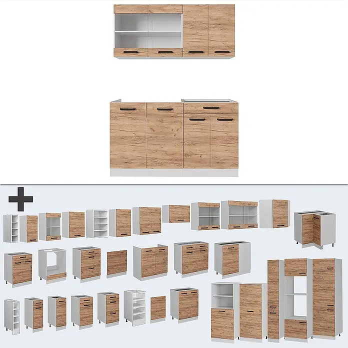 Vicco Singleküche R-Line Goldkraft Eiche/Weiß AP Marmor - Goldkraft Eiche, Mit AP Marmor - Modulares Küchenschranksystem in heller Holzoptik und Weiß, mit Unter-, Ober- und Hochschränken mit schwarzen Griffen.