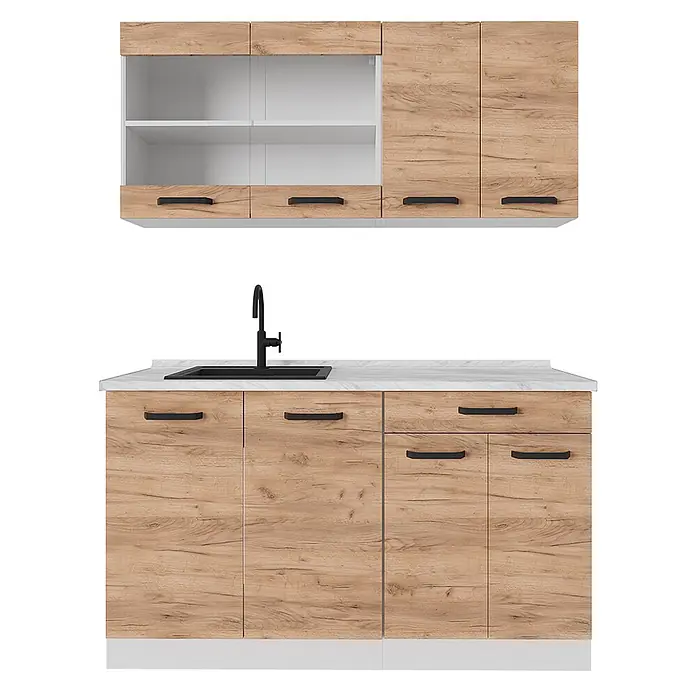 Vicco Singleküche R-Line Goldkraft Eiche/Weiß AP Marmor - Goldkraft Eiche, Mit AP Marmor - Modulares Küchenschrank-Set in Holzoptik mit weißer Arbeitsplatte und schwarzem Spülbecken.