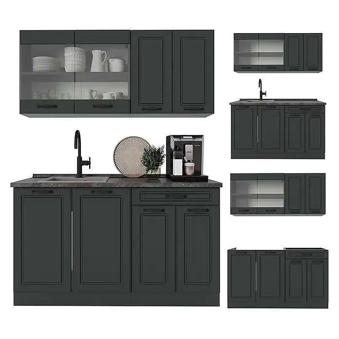 Vicco Singleküche R-Line Anthrazit Landhaus/Anthrazit, AP Eiche - Breite: 140 cm, Anthrazit Landhaus, Mit AP Eiche - Dunkelgraues Küchenschrank-Set mit klassischen Paneeltüren, teils mit Glas, Arbeitsplatte mit Spüle und Wasserhahn.