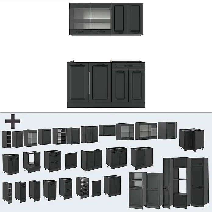 Vicco Singleküche R-Line Anthrazit Landhaus/Anthrazit, AP Eiche - Breite: 140 cm, Anthrazit Landhaus, Mit AP Eiche - Modulares dunkelgraues Küchenschranksystem mit verschiedenen Ober- und Unterschränken.
