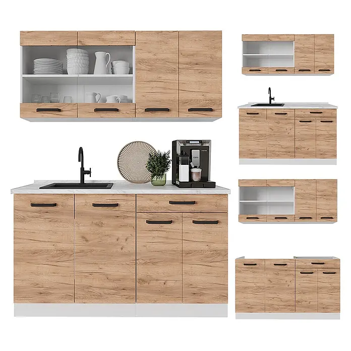 Vicco Singleküche R-Line Goldkraft Eiche/Weiß AP Marmor - Goldkraft Eiche, Mit AP Marmor - Modulare Küchenschrank-Garnitur in heller Holzoptik mit weißen Arbeitsplatten, schwarzen Griffen und integrierter Spüle.