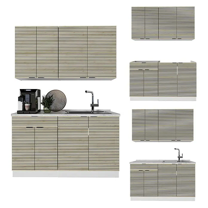 Vicco Singleküche Fame-Line Eiche Paneel/Weiß, AP Eiche - Breite: 140 cm, Eiche Paneel, Mit AP Eiche - Küchenschränke aus hellem Lattenholz in verschiedenen Konfigurationen, inklusive Unterschränke mit Spüle und Hängeschränke.