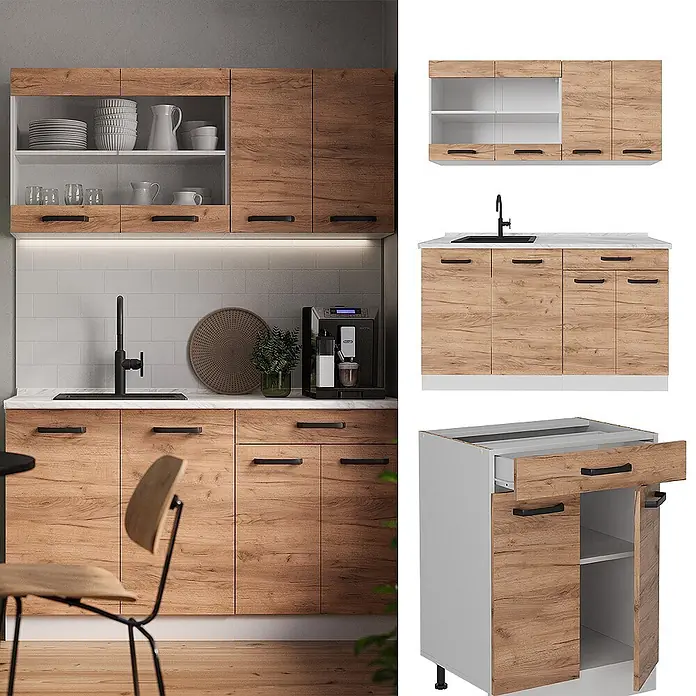 Vicco Singleküche R-Line Goldkraft Eiche/Weiß AP Marmor - Goldkraft Eiche, Mit AP Marmor - Modulare Küchenschränke in Holzoptik mit weißen Arbeitsplatten und schwarzen Griffen, in einer modernen Küche gezeigt.
