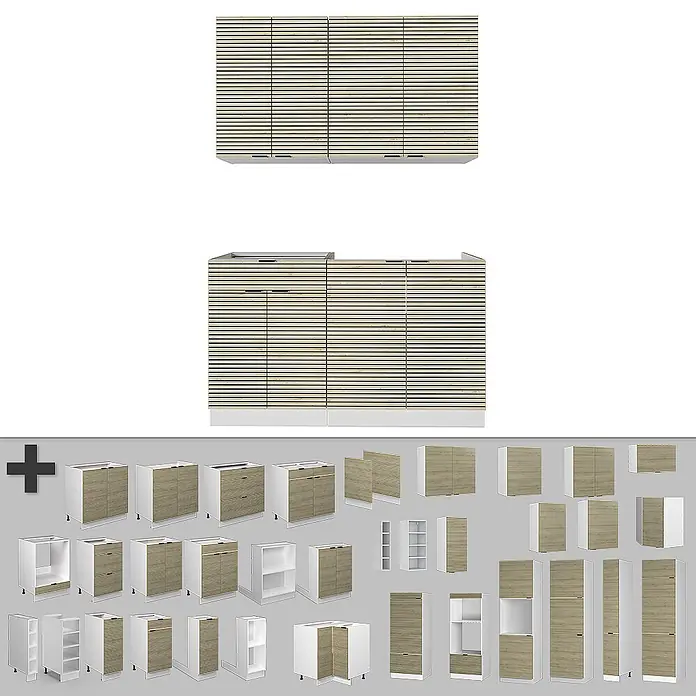 Vicco Singleküche Fame-Line Eiche Paneel/Weiß, AP Eiche - Breite: 140 cm, Eiche Paneel, Mit AP Eiche - Modulares Küchenschranksystem mit hellen Holzlamellentüren und weißen Rahmen, montiert und als Einzelmodule gezeigt.