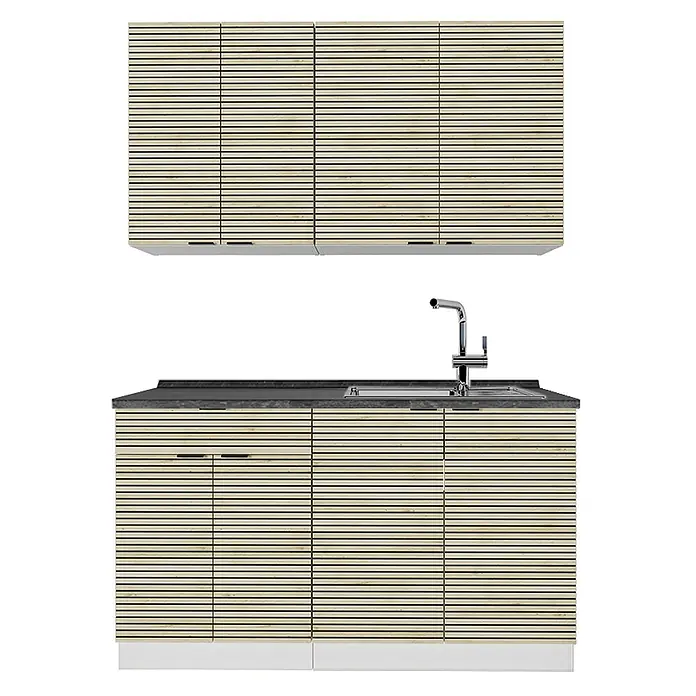 Vicco Singleküche Fame-Line Eiche Paneel/Weiß, AP Anthrazit - Breite: 140 cm, Eiche Paneel, Mit AP Anthrazit - Helle Küchenschränke aus Lamellenholz: Oberschränke und Unterschrank mit Spüle, Wasserhahn und dunkler Arbeitsplatte.