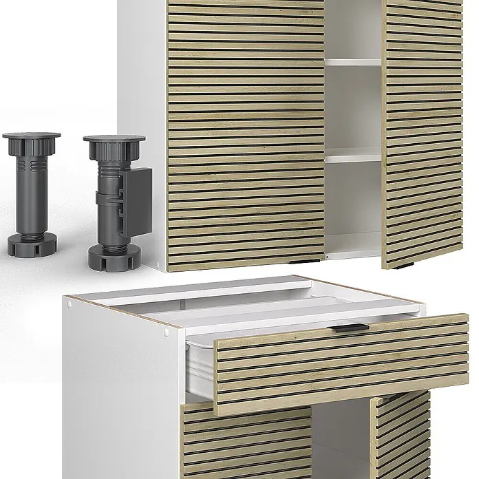Vicco Singleküche Fame-Line Eiche Paneel/Weiß, AP Eiche - Breite: 140 cm, Eiche Paneel, Mit AP Eiche - Modulares Schranksystem mit weißem Korpus, hellen Holzlamellenfronten und verstellbaren dunkelgrauen Füßen.