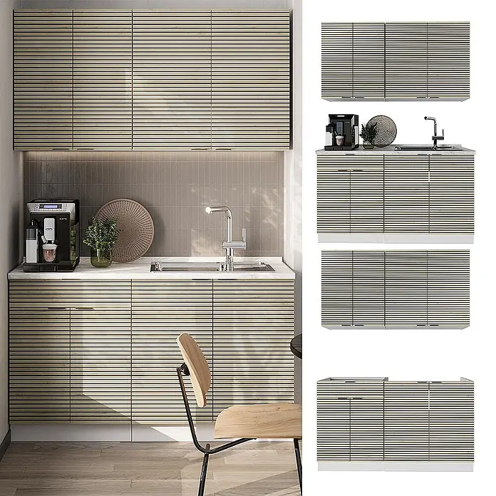 Vicco Singleküche Fame-Line Eiche Paneel/Weiß, AP Eiche - Breite: 140 cm, Eiche Paneel, Mit AP Eiche - Helle beigefarbene Küchenschränke mit horizontaler Lamellenoptik, Ober- und Unterschränke in Küchenumgebung.