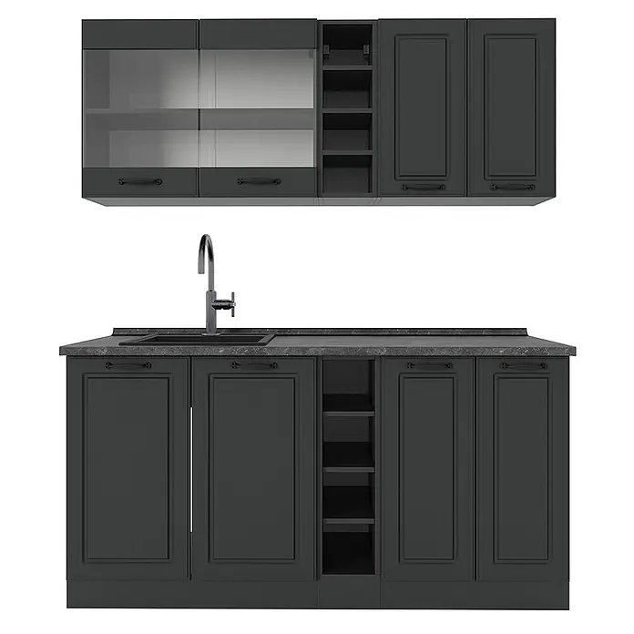 Vicco Singleküche R-Line Anthrazit Landhaus/Anthrazit, AP Anthrazit - Breite: 160 cm, Anthrazit Landhaus, Mit AP Anthrazit - Dunkelgraue Küchenschränke mit Ober- und Unterschränken, Spüle, Wasserhahn und offenen Regalen.