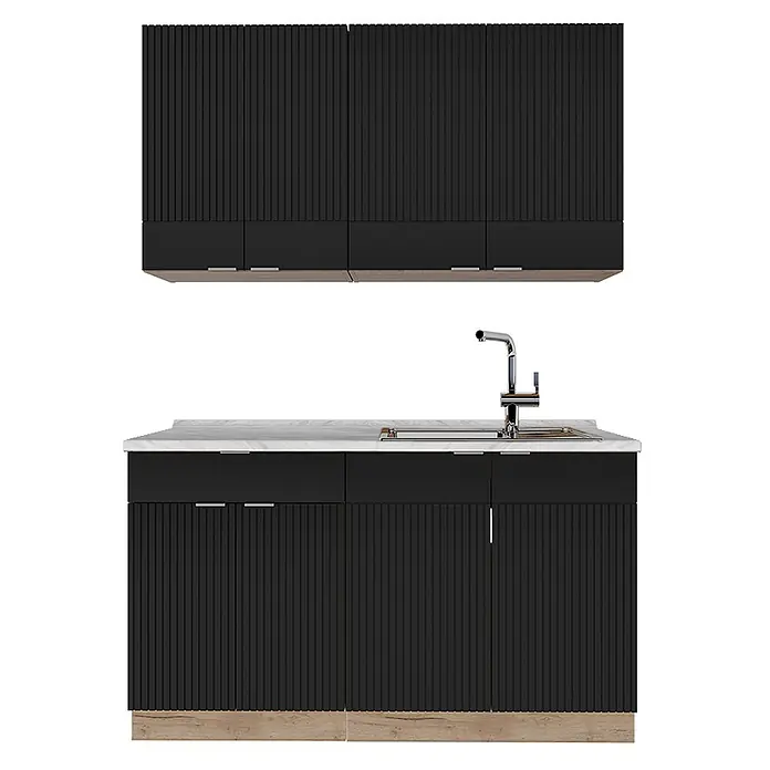Vicco Singleküche Fame-Line Schwarz gestreift/Goldkraft Eiche, AP Marmor - Breite: 140 cm, Schwarz gestreift, Mit AP Marmor - Schwarze geriffelte Küchenschrankgarnitur mit weißer Marmorplatte, integrierter Spüle, Chromarmatur und Holzsockel.