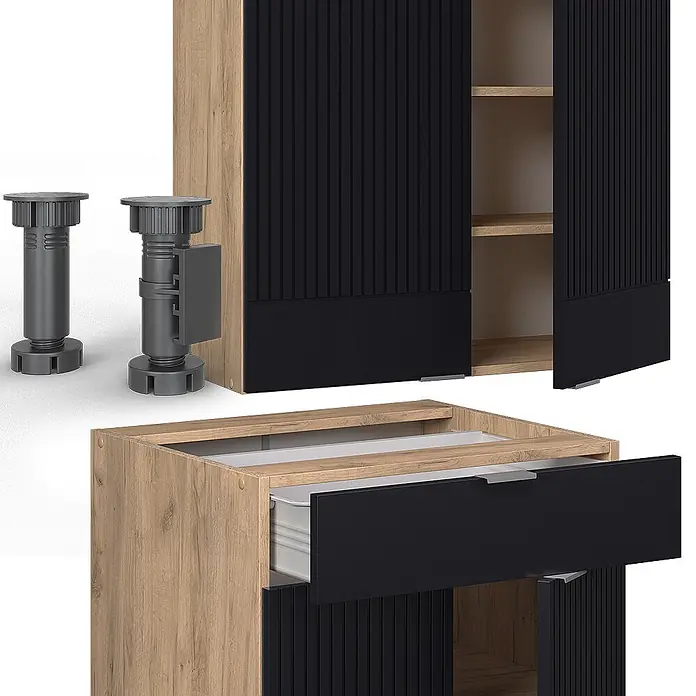 Vicco Singleküche Fame-Line Schwarz gestreift/Goldkraft Eiche, AP Marmor - Breite: 140 cm, Schwarz gestreift, Mit AP Marmor - Modulares Sideboard aus hellem Holz mit schwarzen Lamellentüren und Schublade, sowie verstellbaren grauen Beinen.
