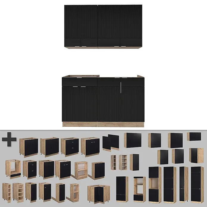 Vicco Singleküche Fame-Line Schwarz gestreift/Goldkraft Eiche, AP Marmor - Breite: 140 cm, Schwarz gestreift, Mit AP Marmor - Modulares Küchenschranksystem mit schwarzen geriffelten Fronten und hellen Holzrahmen, zeigt verschiedene Einheiten.