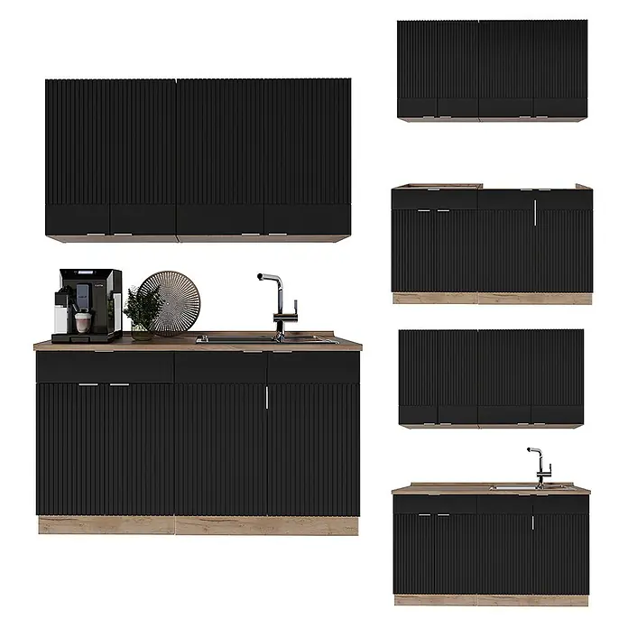 Vicco Singleküche Fame-Line Schwarz gestreift/Goldkraft Eiche, AP Marmor - Breite: 140 cm, Schwarz gestreift, Mit AP Marmor - Schwarze Küchenschrankgarnitur mit vertikal gerippten Fronten und Holzoptik-Akzenten, inkl. Ober- und Unterschränken, Spüle.