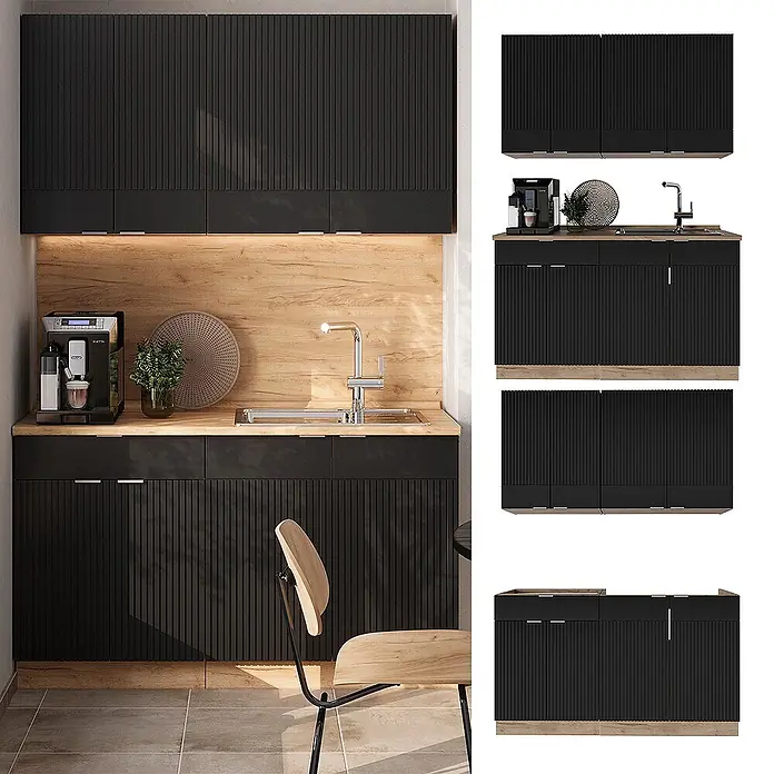 Vicco Singleküche Fame-Line Schwarz gestreift/Goldkraft Eiche, AP Marmor - Breite: 140 cm, Schwarz gestreift, Mit AP Marmor - Moderne schwarze Küchenschrank-Garnitur mit geriffelten Türen, glatten Oberschränken und holzfarbener Arbeitsplatte/Sockel.