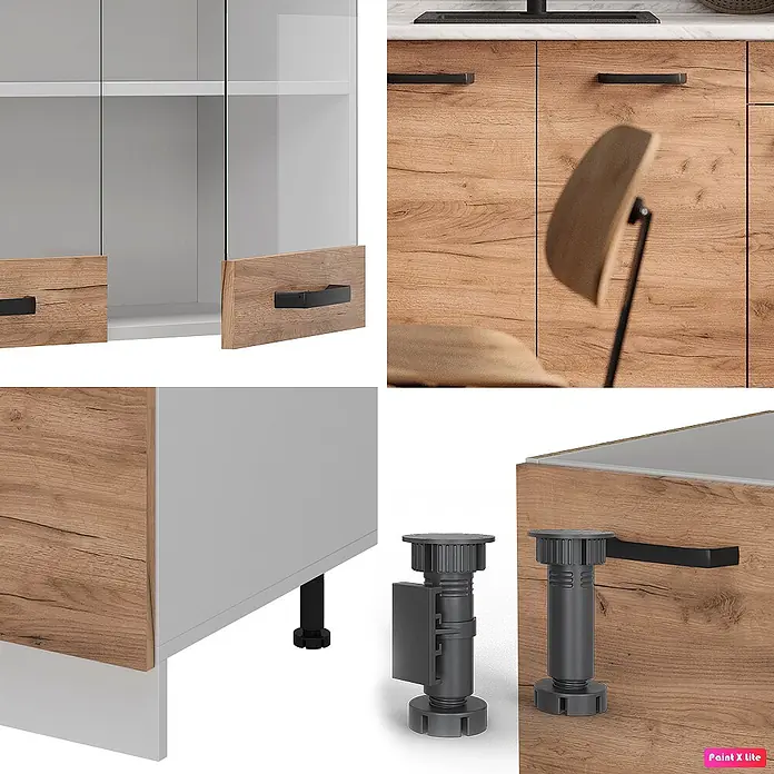 Vicco Singleküche R-Line Goldkraft Eiche/Weiß AP Eiche - Goldkraft Eiche, Mit AP Eiche - Moderne Küchenschränke mit Holzmaserungsfronten, grauem Korpus, schwarzen Griffen und verstellbaren Füßen.