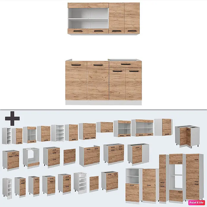 Vicco Singleküche R-Line Goldkraft Eiche/Weiß AP Eiche - Goldkraft Eiche, Mit AP Eiche - Modulare Küchenschränke in heller Holzoptik, mit weißen Akzenten und dunklen Griffen, verschiedene Ober- und Unterschränke, Schubladen und Regale.