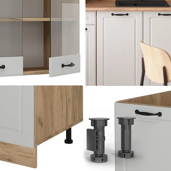 Vicco Singleküche R-Line Weiß Landhaus/Goldkraft Eiche, AP Eiche - Breite: 140 cm, Weiß Landhaus, Mit AP Eiche - Weiße Küchenschrankkomponenten mit Holzoptik-Innenausstattung und schwarzen Griffen, gezeigt mit verstellbaren dunkelgrauen Möbelbeinen.