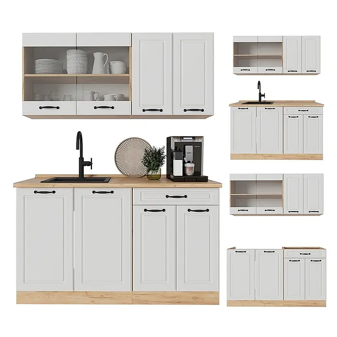 Vicco Singleküche R-Line Weiß Landhaus/Goldkraft Eiche, AP Eiche - Breite: 140 cm, Weiß Landhaus, Mit AP Eiche - Weißes modulares Küchenset mit Arbeitsplatten und Sockel in Holzoptik, schwarzen Griffen und Spüle mit schwarzem Wasserhahn.
