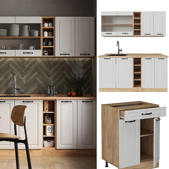 Vicco Singleküche R-Line Weiß Landhaus/Goldkraft Eiche, AP Eiche - Breite: 160 cm, Weiß Landhaus, Mit AP Eiche - Modulare Küchenschränke mit weißen Kassettentüren, hellen Holzregalen und Arbeitsplatten sowie schwarzen Griffen.