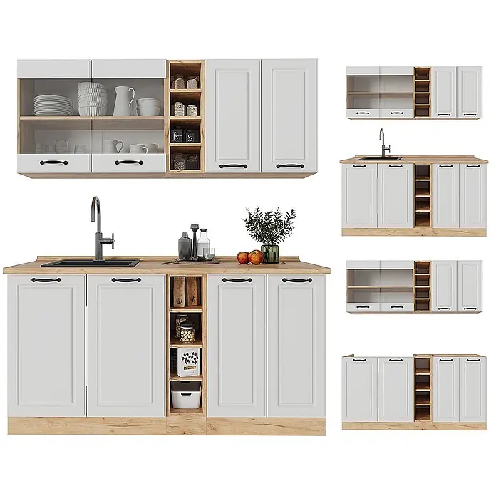Vicco Singleküche R-Line Weiß Landhaus/Goldkraft Eiche, AP Eiche - Breite: 160 cm, Weiß Landhaus, Mit AP Eiche - Weiße modulare Küchenschränke mit hellen Holzelementen und schwarzen Griffen, inklusive Ober- und Unterschränken mit Spüle.