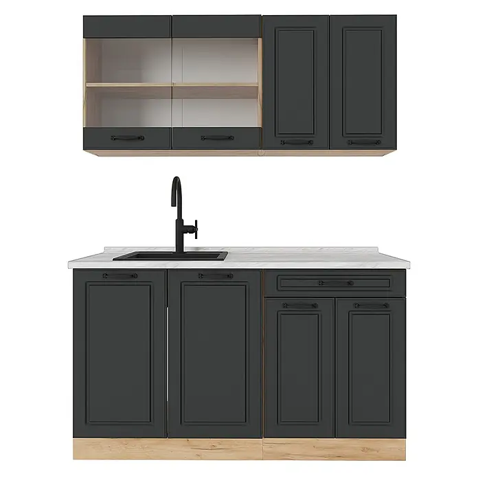 Vicco Singleküche R-Line Anthrazit Landhaus/Goldkraft Eiche, AP Marmor - Breite: 140 cm, Anthrazit Landhaus, Mit AP Marmor - Dunkelgraue Küchenzeile mit Holzelementen und weißer Arbeitsplatte, bestehend aus Ober- und Unterschränken, einer schwarzen Spüle und Armatur.