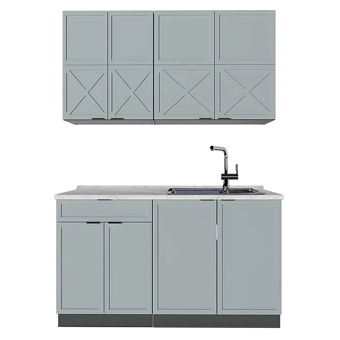 Vicco Singleküche Fame-Line Hellblau-grau/Anthrazit, AP Marmor - Breite: 140 cm, Hellblau-grau, Mit AP Marmor - Hellblaue Küchenschränke mit weißer Marmorplatte, integrierter Spüle und Chromarmatur.